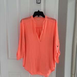 Lush Coral V-Neck Roll-Tab Sleeve Blouse